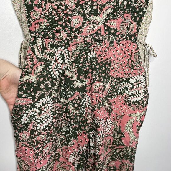 WARM Jumpsuit Womens Medium Floral V-Neck Sleeveless Green Pink Wide Leg Pockets - Picture 6 of 11